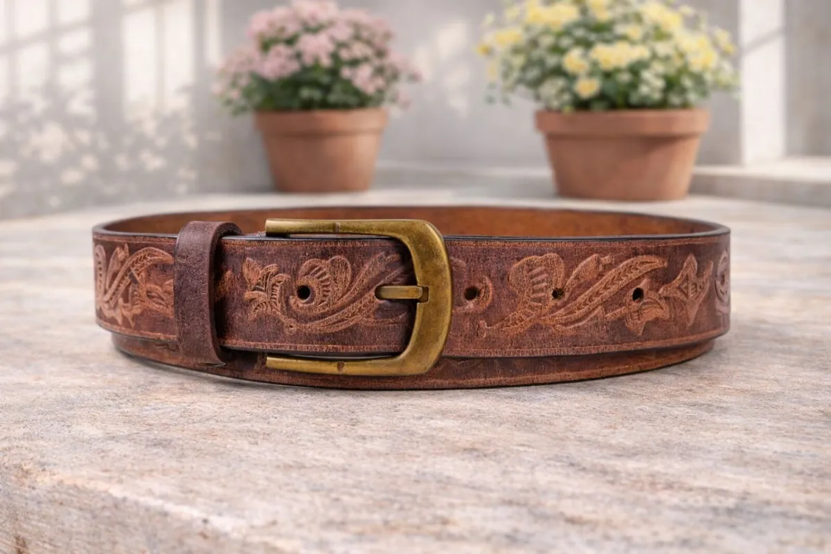 Unisex Genuine Leather Tooled Western Belt - Image 2