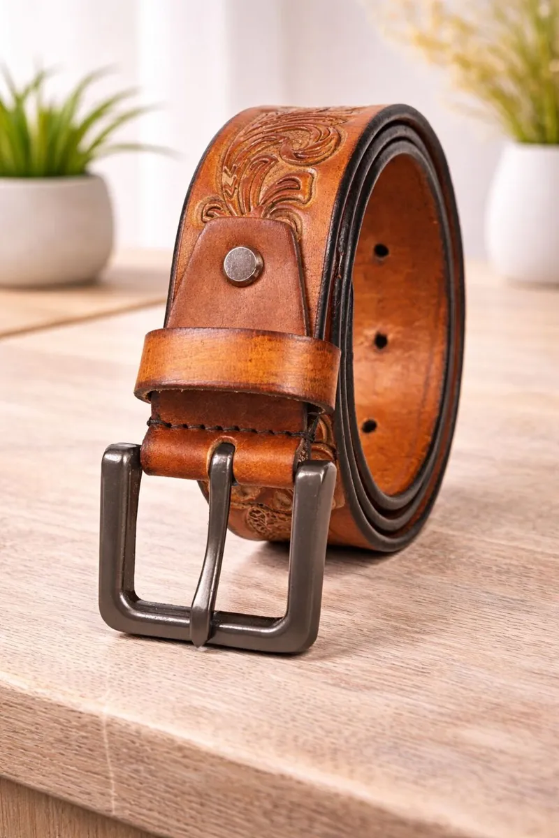 Unisex Genuine Leather Tooled Western Belt - Image 2
