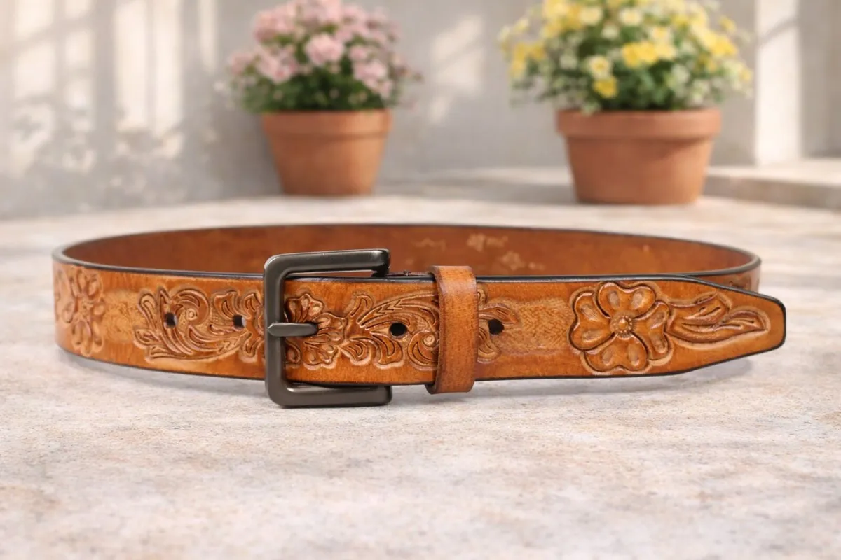 Unisex Genuine Leather Tooled Western Belt - Image 3