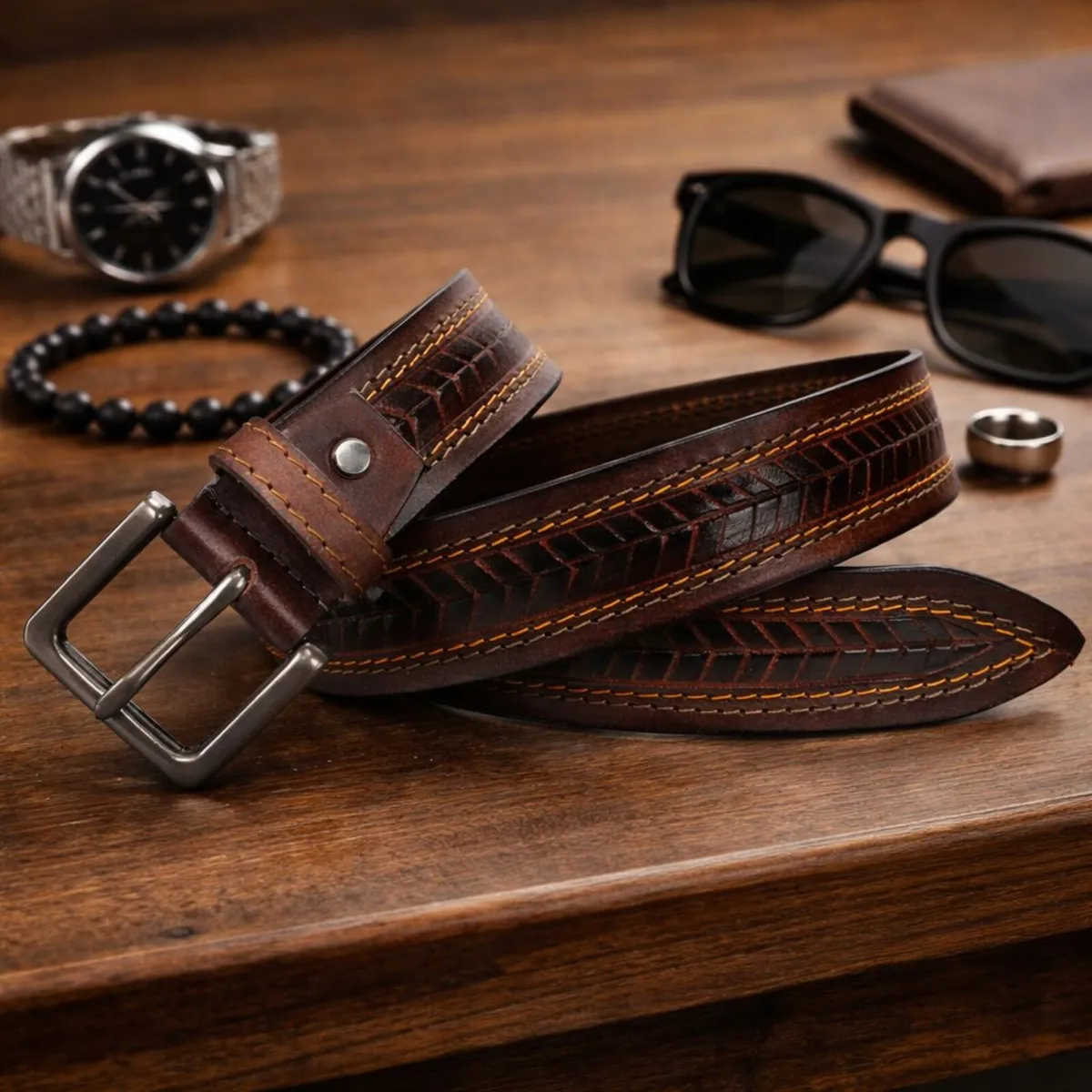 Unisex Genuine Leather Tooled Western Belt - Image 1