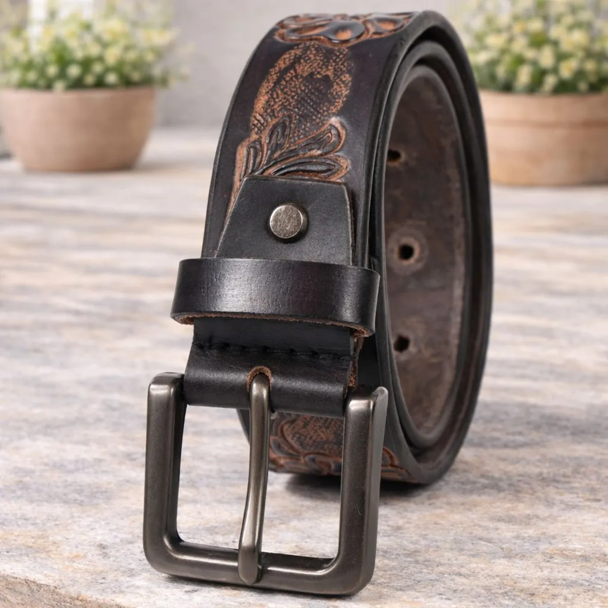 Unisex Genuine Leather Tooled Western Belt - Image 2