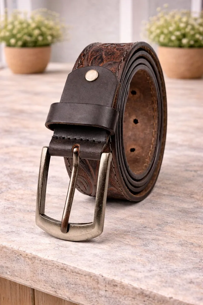 Unisex Genuine Leather Tooled Western Belt - Image 3