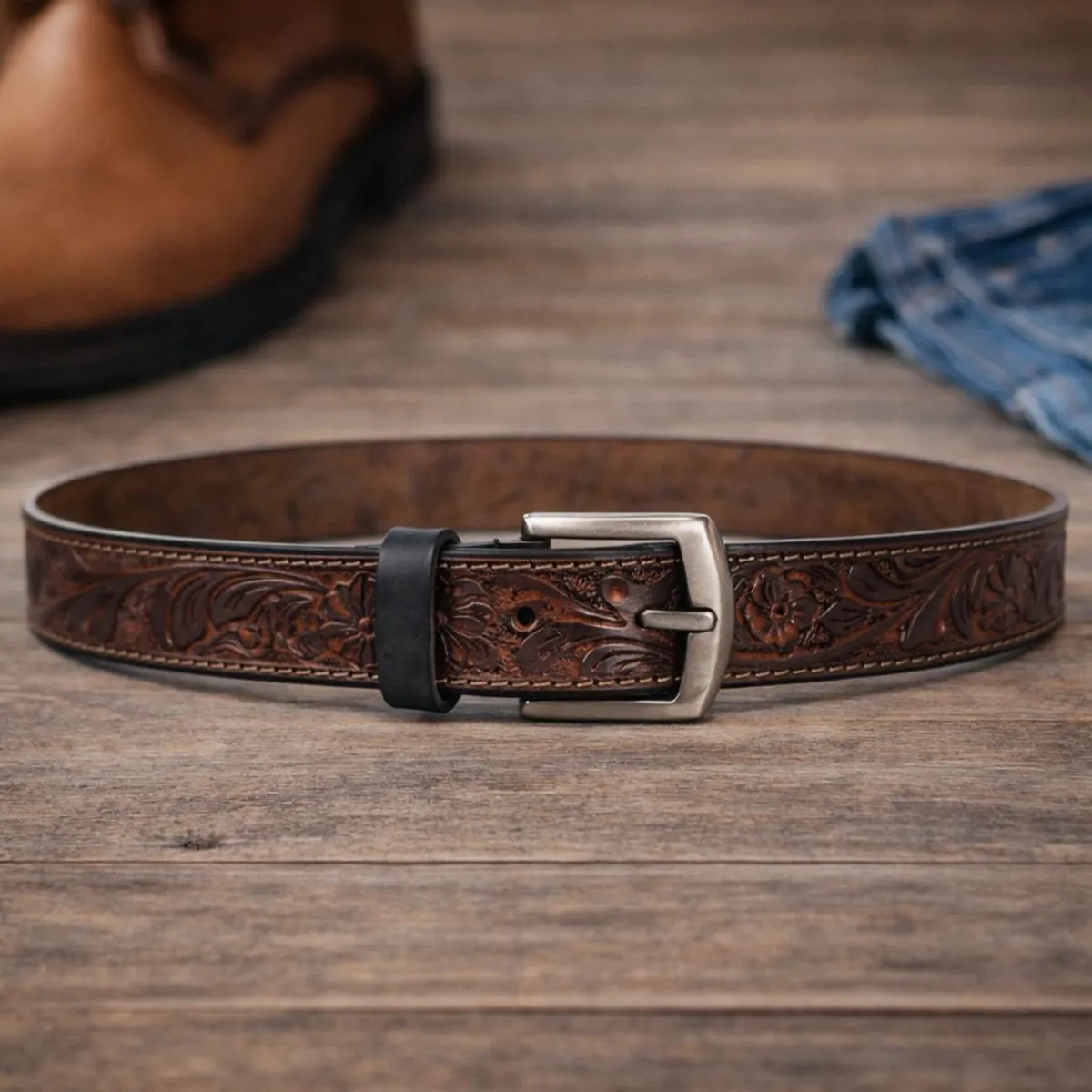 Unisex Genuine Leather Tooled Western Belt - Image 4