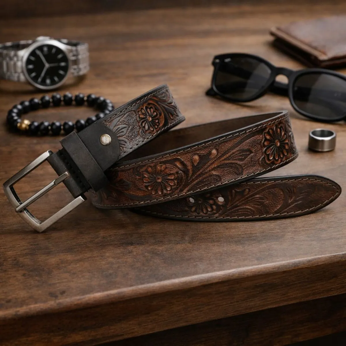 Unisex Genuine Leather Tooled Western Belt - Image 1