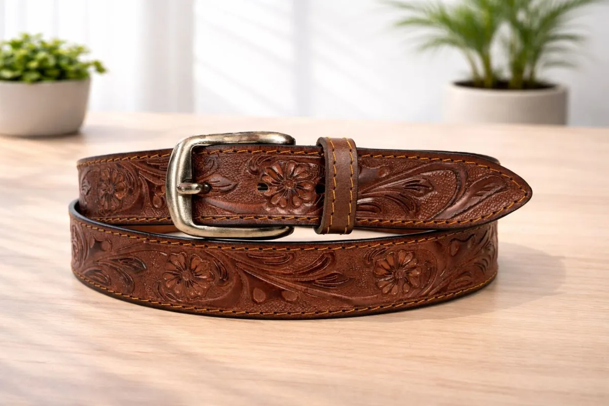Unisex Genuine Leather Tooled Western Belt - Image 3