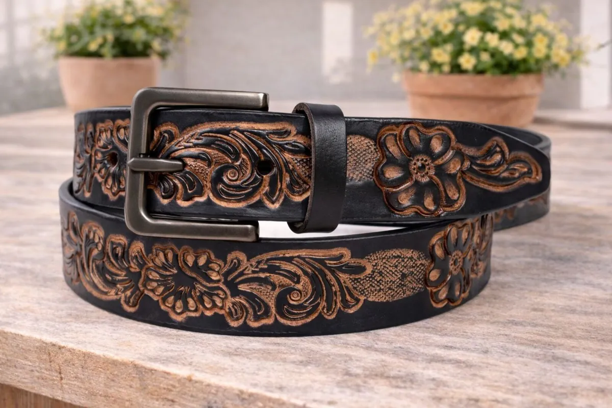 Unisex Genuine Leather Tooled Western Belt - Image 4