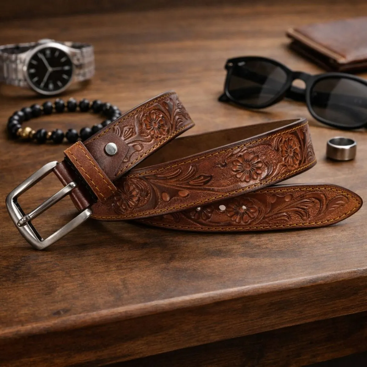 Unisex Genuine Leather Tooled Western Belt - Image 1