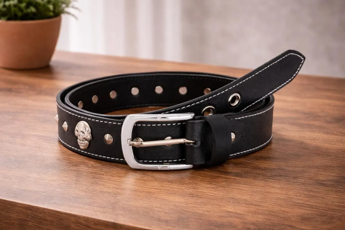 Unisex Black Skull Studded Leather Belt - Image 1