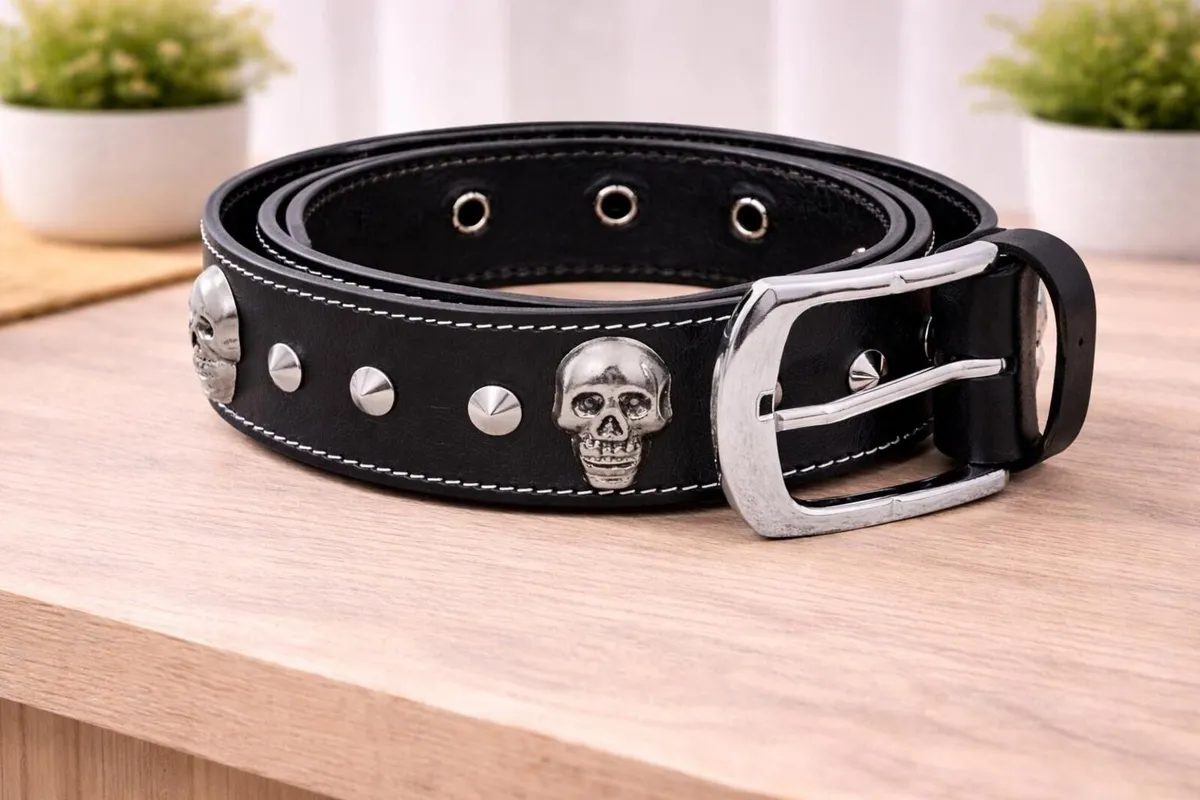 Unisex Black Skull Studded Leather Belt - Image 2