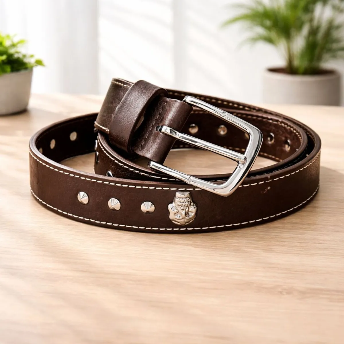 Unisex Brown Leather Stud Belt - Image 1