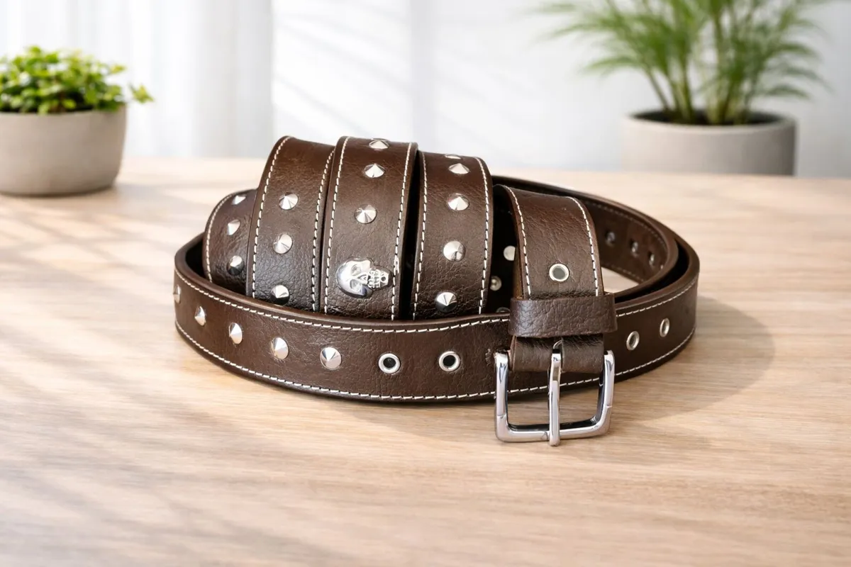Unisex Brown Leather Stud Belt - Image 3