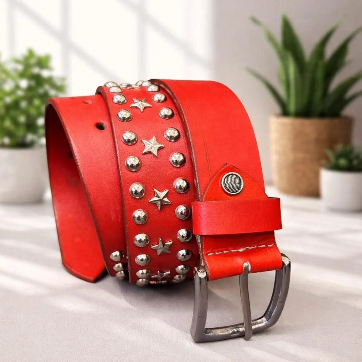 Red Leather Studded Unisex Belt - Image 2