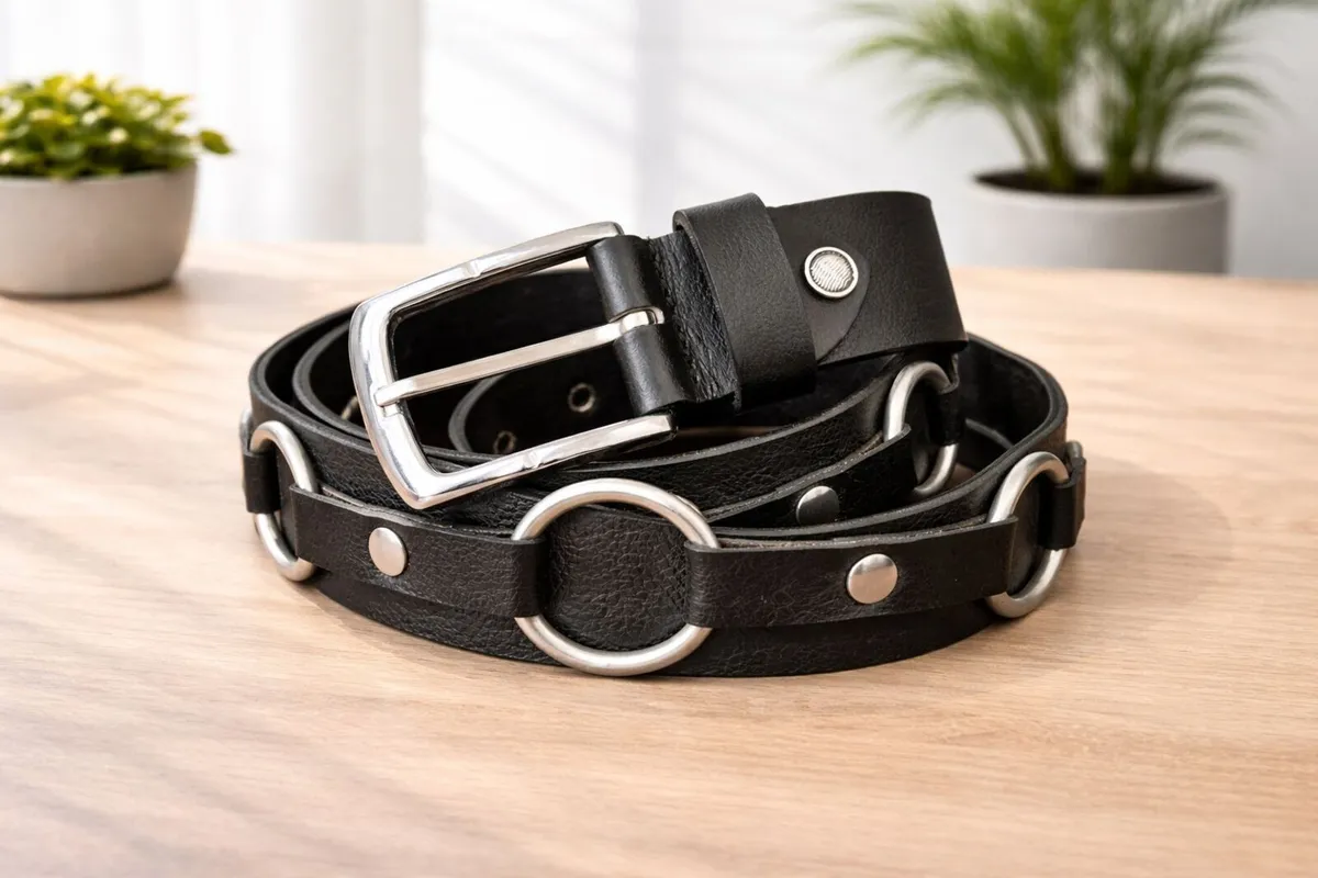 Unisex Black Leather Punk Gothic O-Ring Belt - Image 3