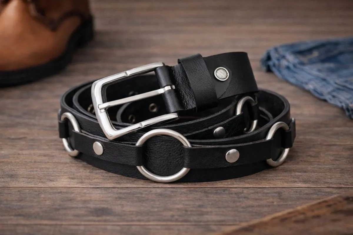 Unisex Black Leather Punk Gothic O-Ring Belt - Image 1