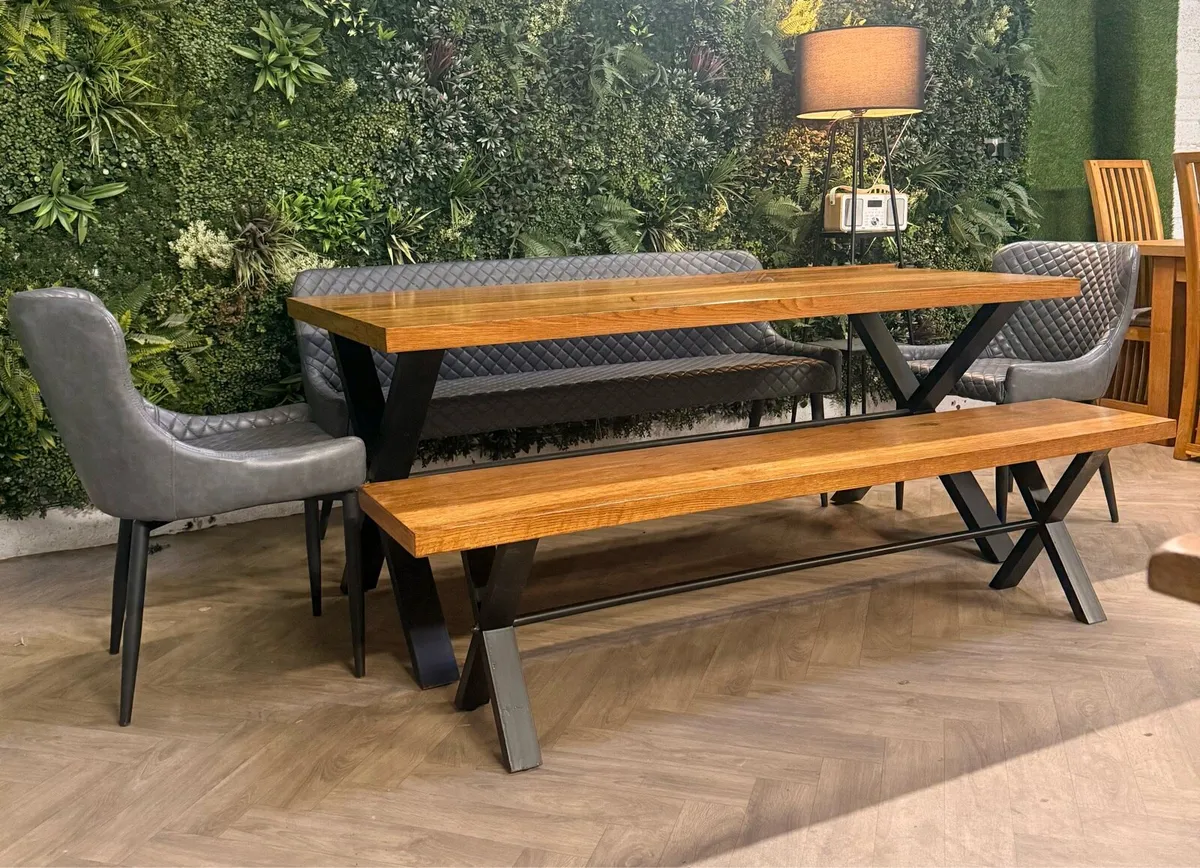 Oak kitchen table, sofa bench, 2 chairs & bench - Image 1