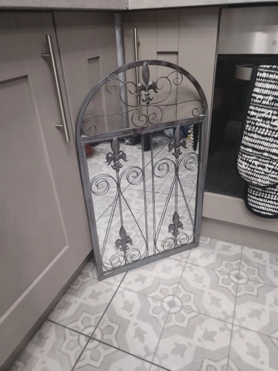 Arched Wrought Iron Wall Mirror, Fleur-de-Lis deco - Image 2