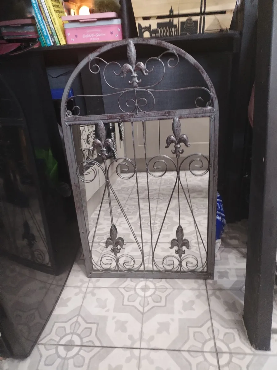 Arched Wrought Iron Wall Mirror, Fleur-de-Lis deco - Image 3