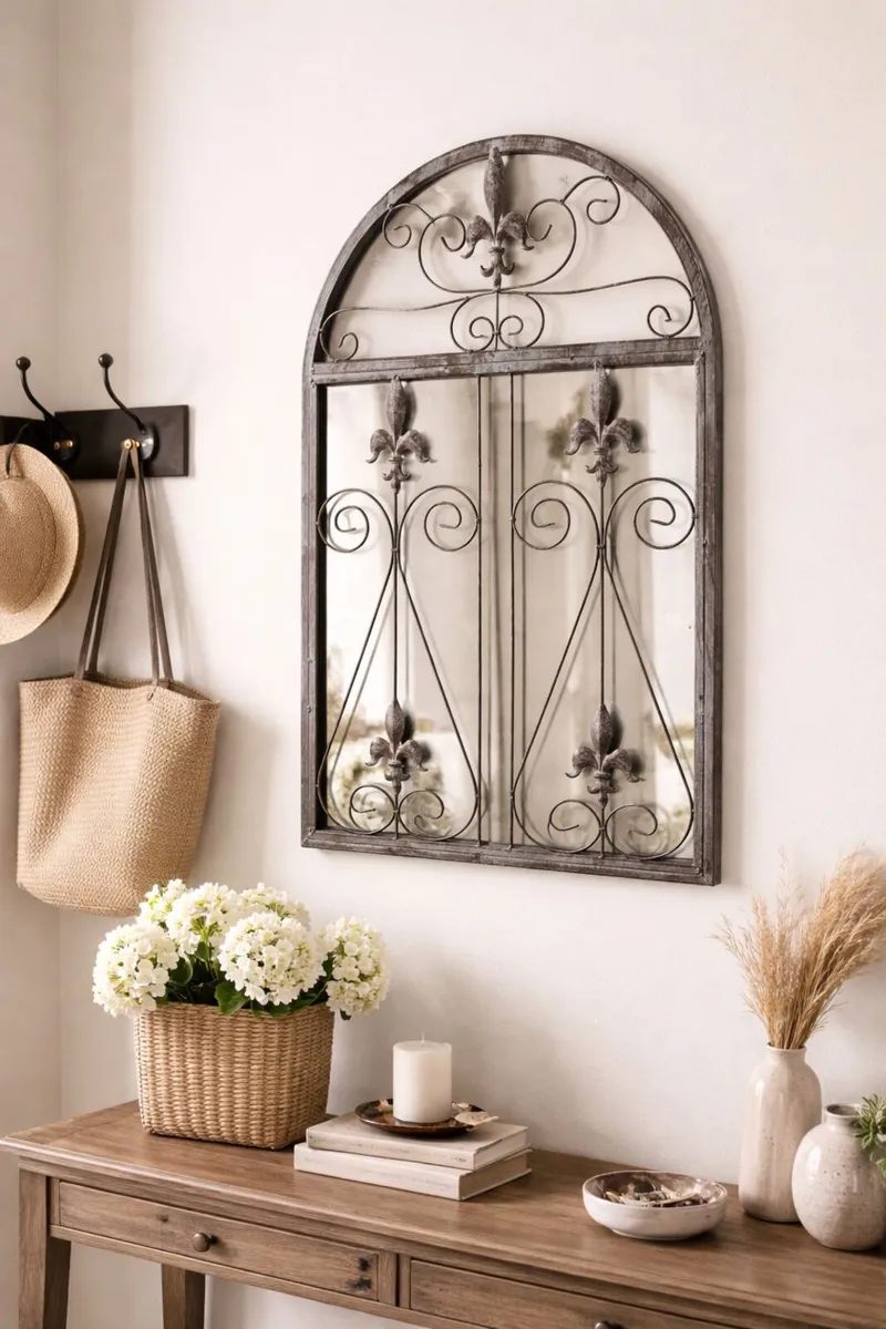 Arched Wrought Iron Wall Mirror, Fleur-de-Lis deco - Image 1