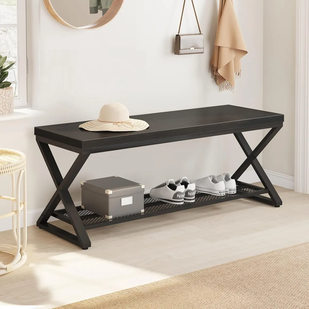 Black Industrial Entryway Bench with Storage - Image 3
