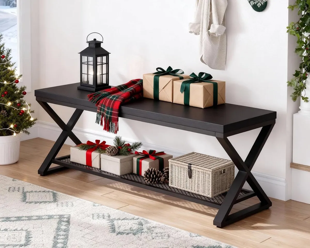 Black Industrial Entryway Bench with Storage - Image 1