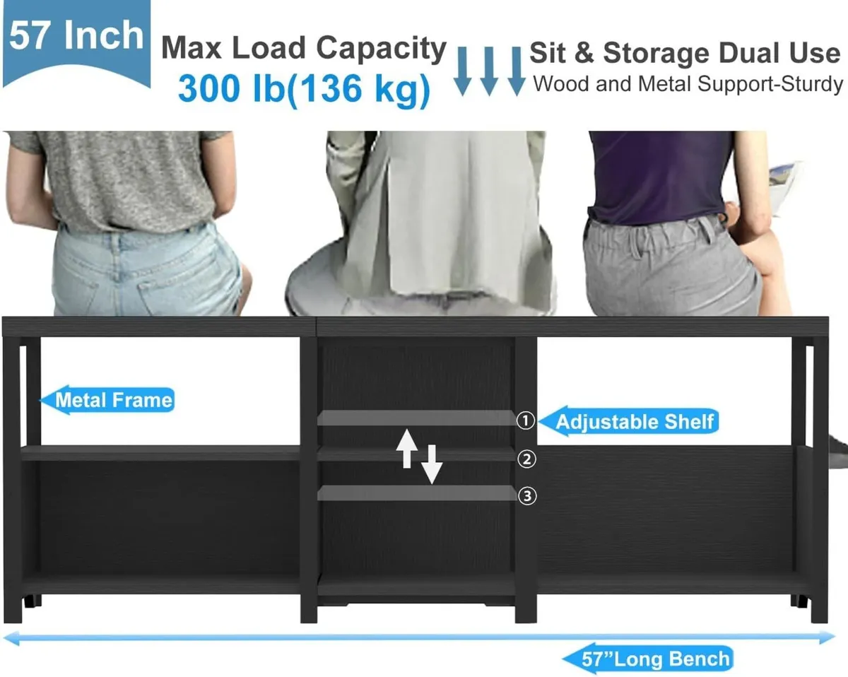 Black Bench Long Entryway with Shoe Storage - Image 3