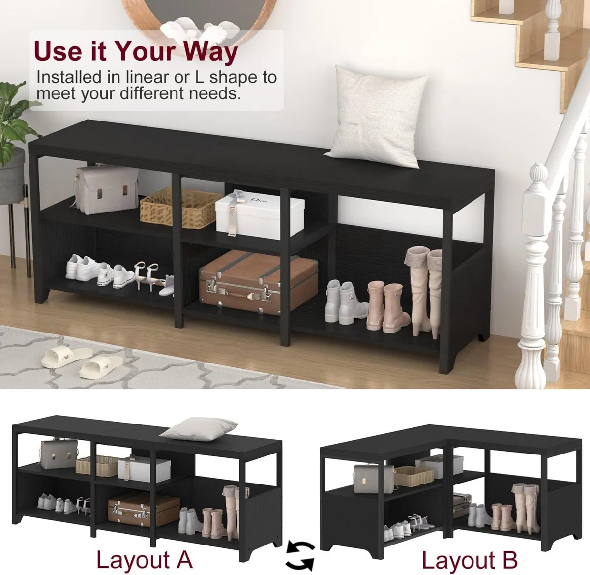 Black Bench Long Entryway with Shoe Storage - Image 4