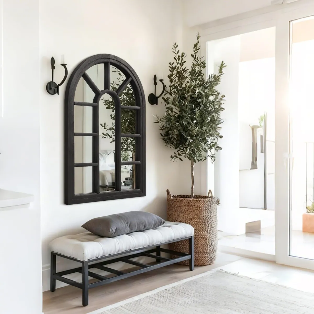 Wall Mounted Mirror Black Arch Hanging Large Wood - Image 2