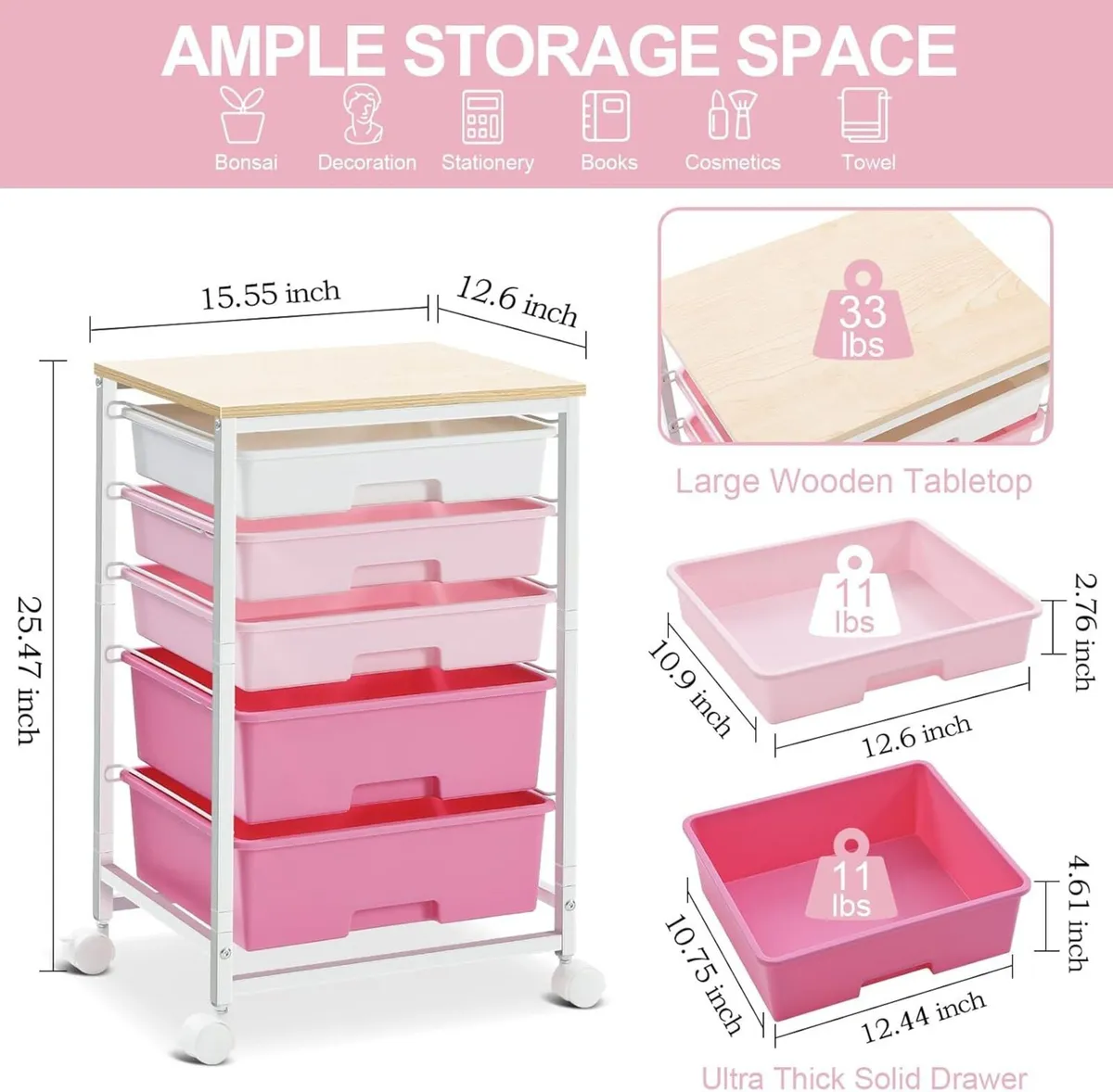 Storage Trolley with 5 Plastic Drawers Rolling - Image 3