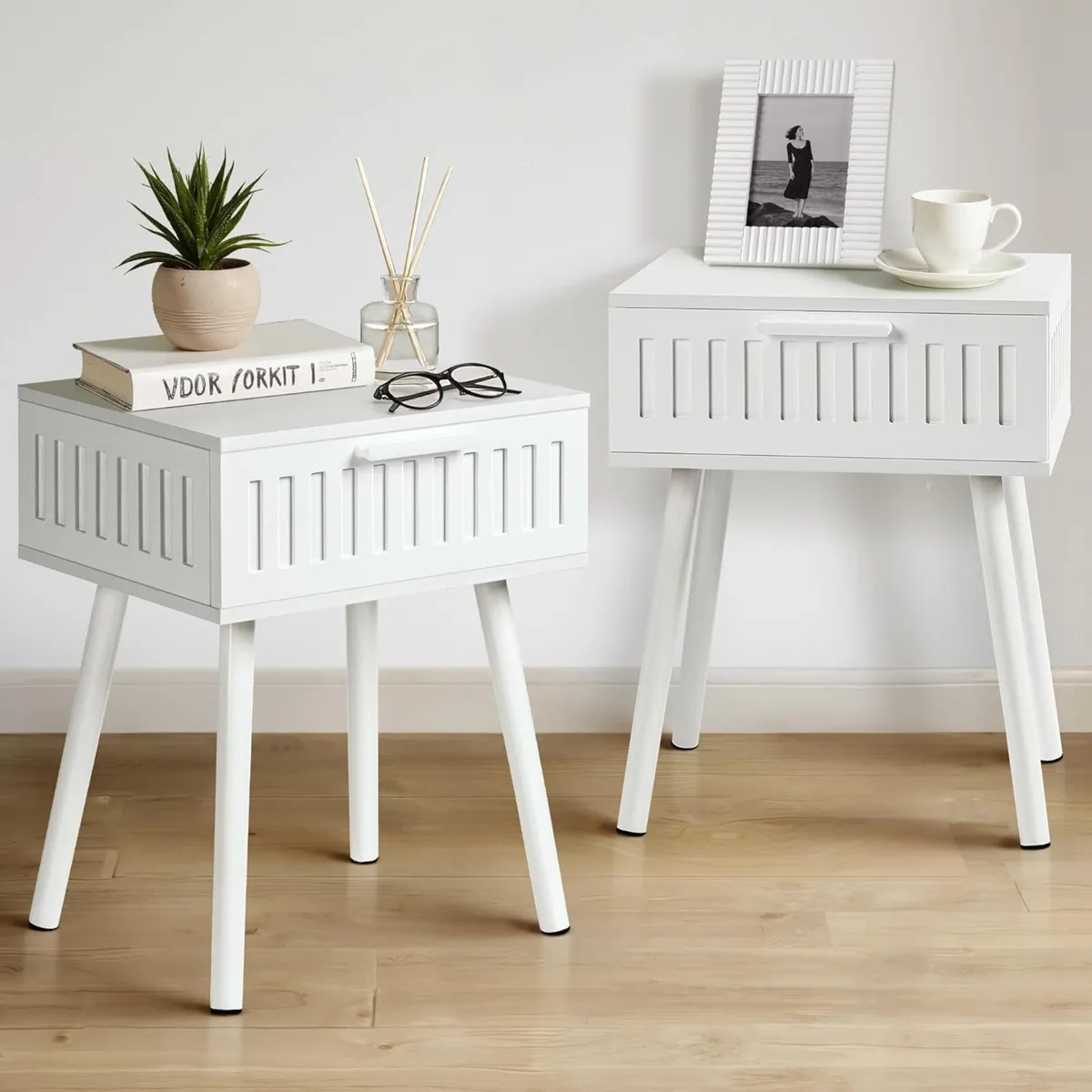 White Bedside Table Set of 2 Nightstand with - Image 1