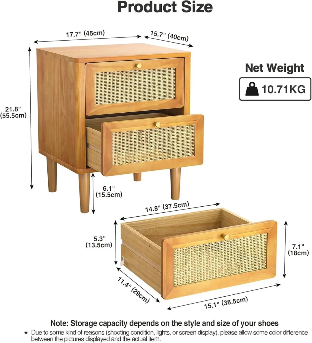Rattan Bedside Table with 2 Drawers Nightstand - Image 2