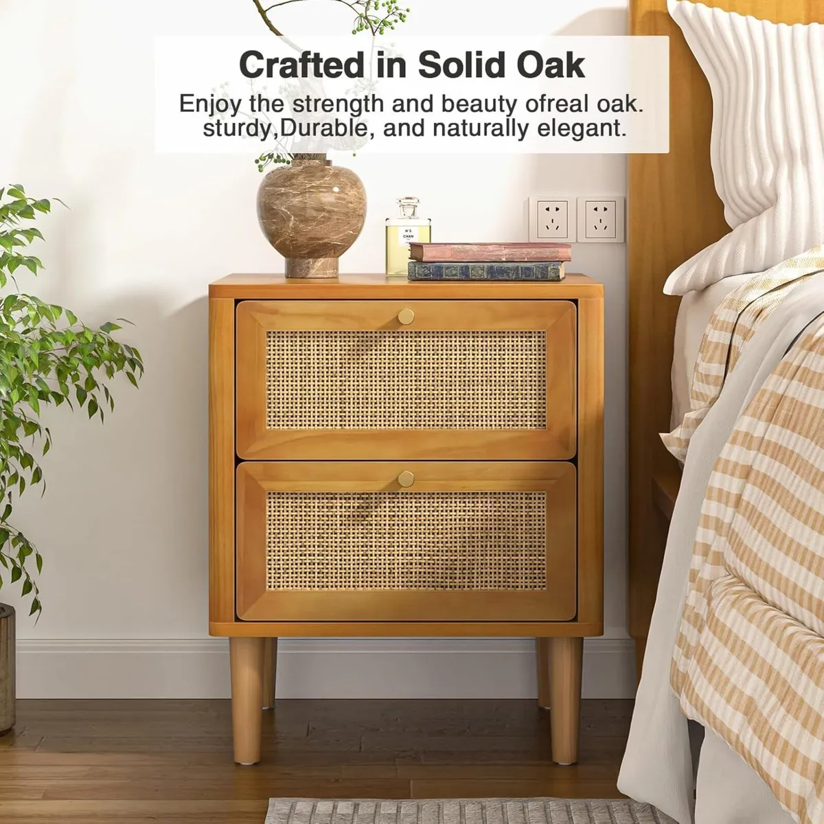 Rattan Bedside Table with 2 Drawers Nightstand - Image 3