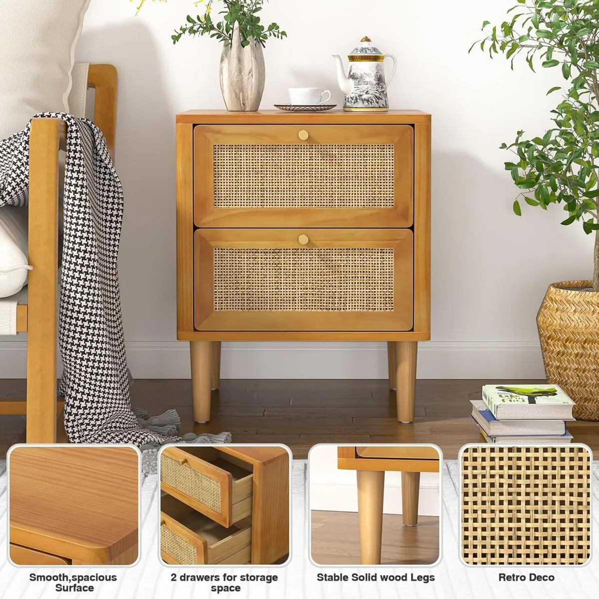Rattan Bedside Table with 2 Drawers Nightstand - Image 4