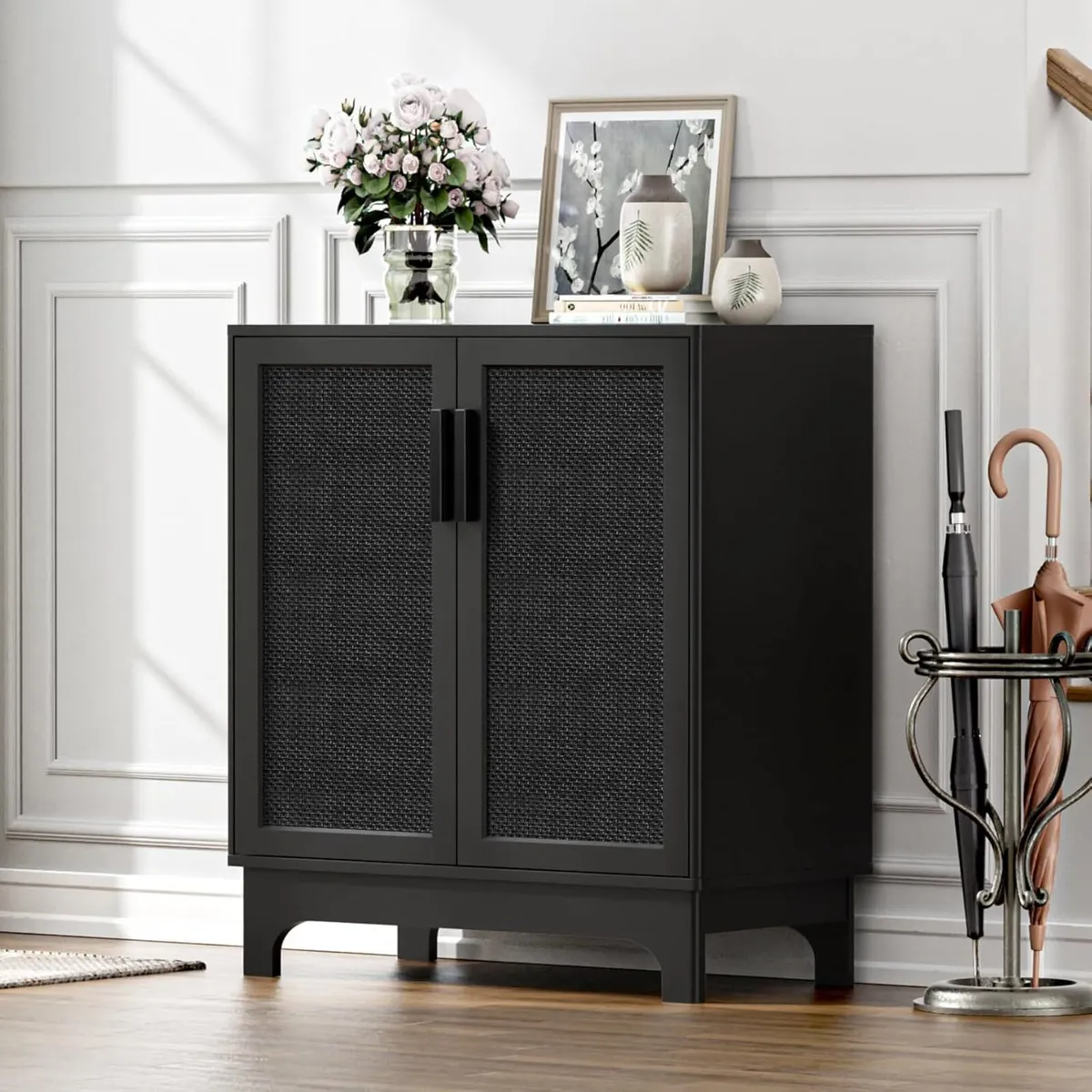 Black Sideboard for Living Room Rattan Buffet - Image 1