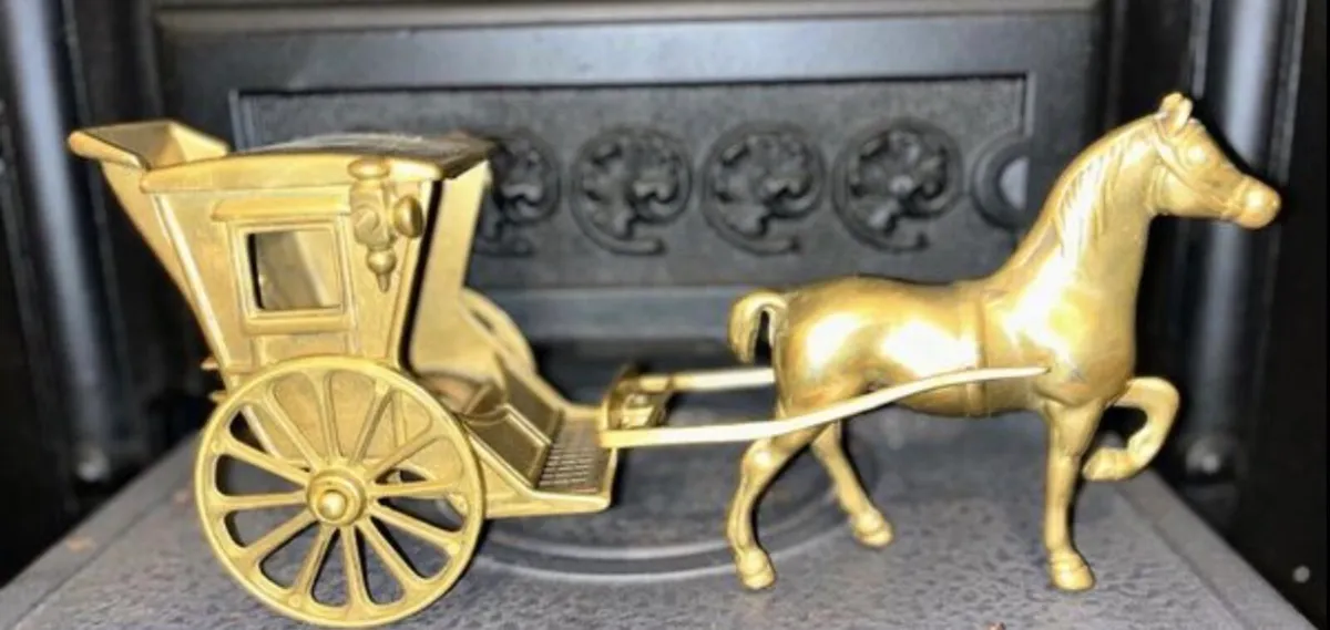 Set of three brass horse and carts - Image 1
