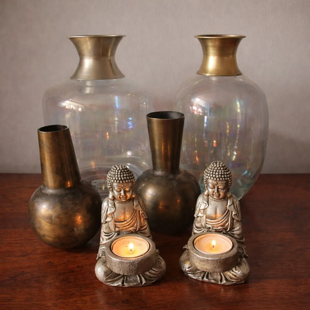 Decorative Vase Set – Glass, Brass & Buddha Candle - Image 1