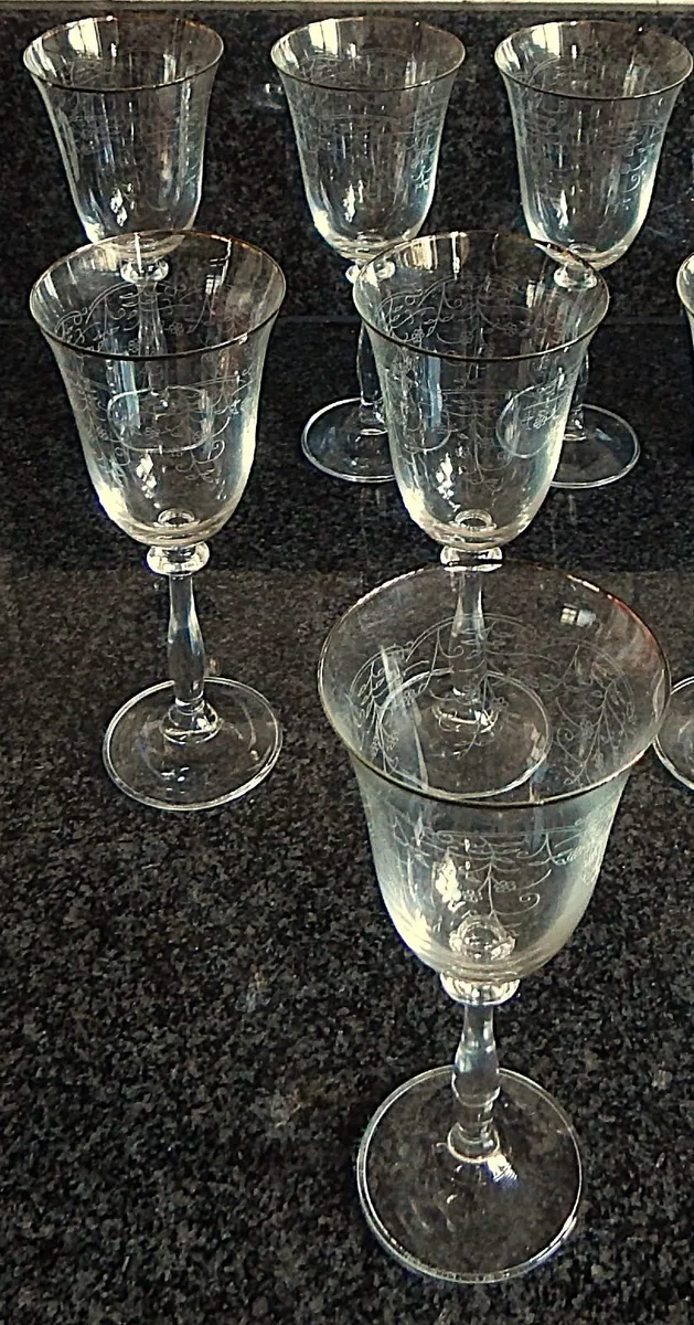 Set of 6 Etched Crystal Wine Glasses - Image 1