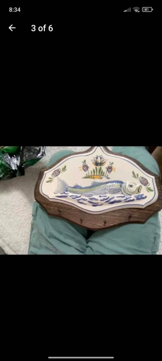 Unusual wood and ceramic wall plaque, french - Image 1