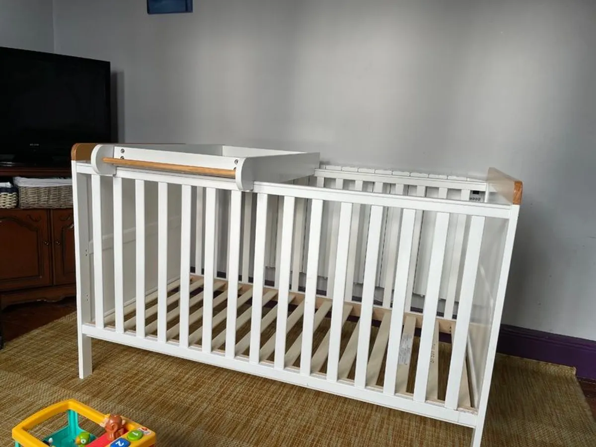 Cot Bed (dismantled) with Changing Unit, mattress & sheets - Image 1