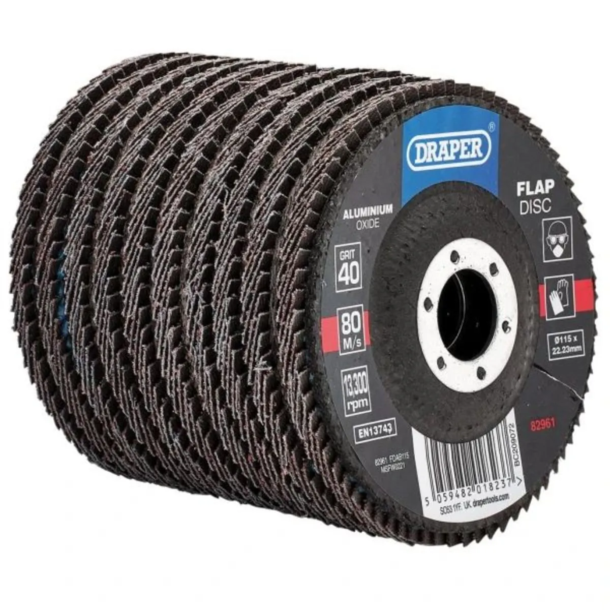 Draper Aluminium Oxide Flap Discs, 115 x 22.23mm, - Image 1
