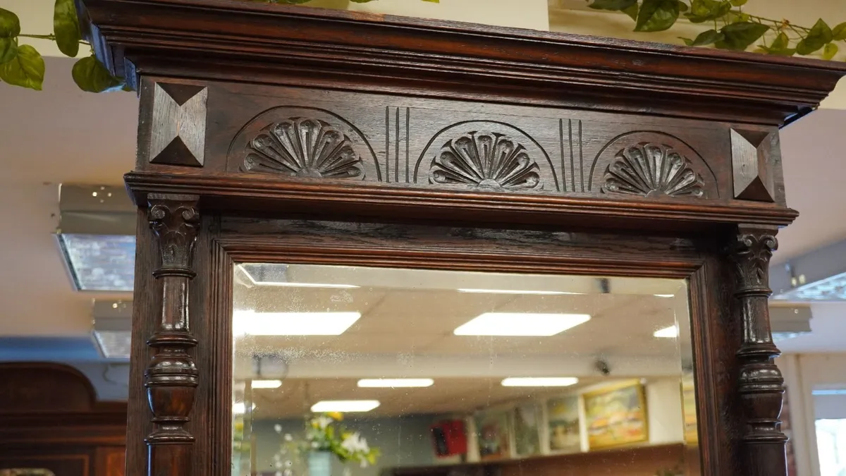 Antique Gothic Revival Oak Hall Console with Mirro - Image 3