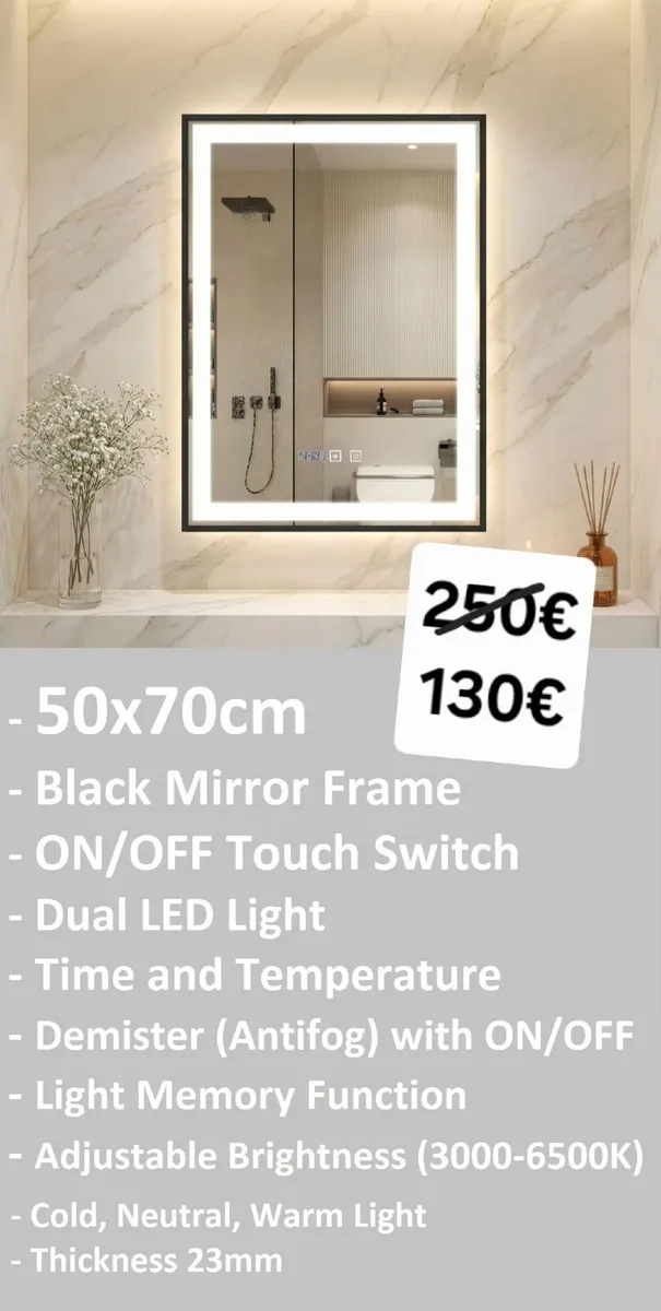LED Bathroom Mirror Antifog Black Frame Clock - Image 1