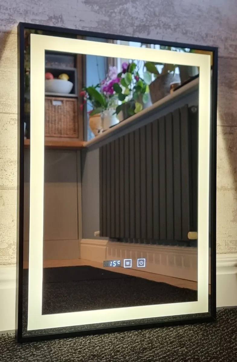 LED Bathroom Mirror Antifog Black Frame Clock - Image 2