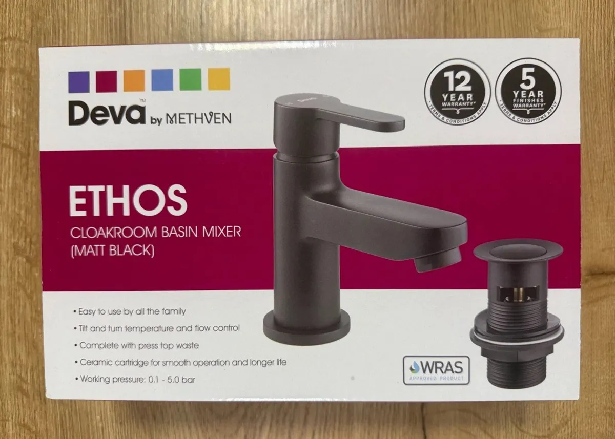 Matt Black Mono Basin Mixer Tap & Press Top Waste - Image 3
