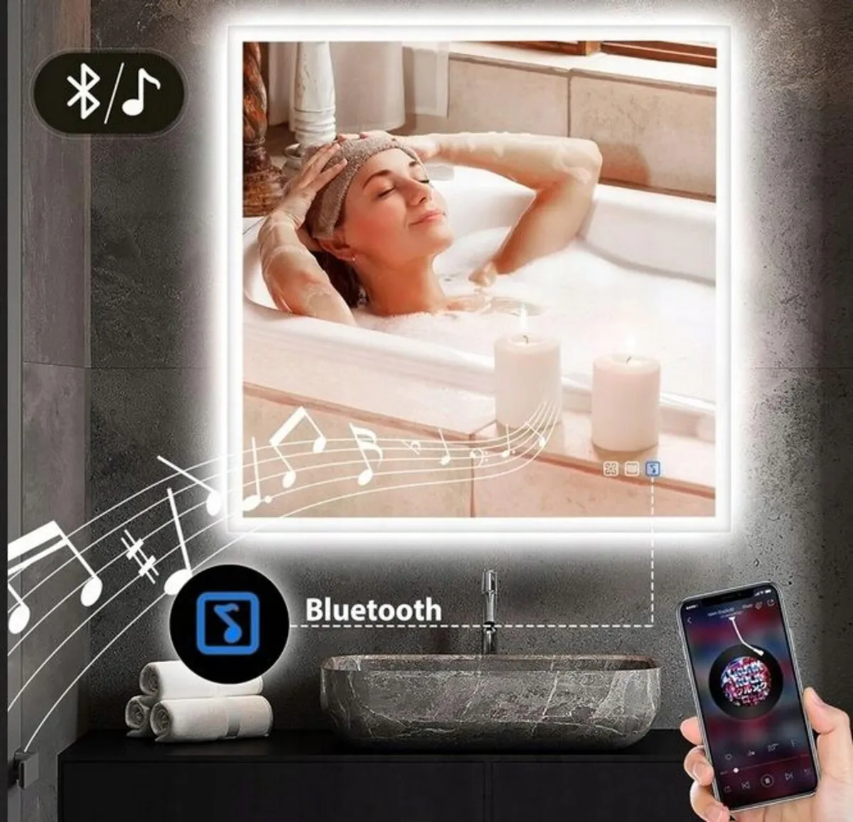 LED Bathroom Mirror 80x80cm Antifog Bluetooth - Image 2
