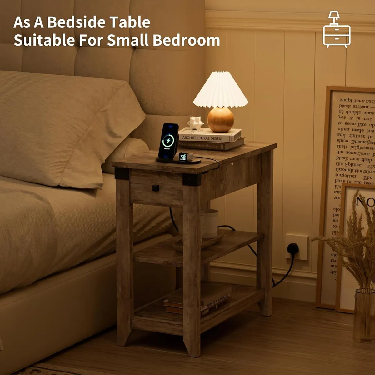 Slim Side Table with Charging Station 3-Tier - Image 4