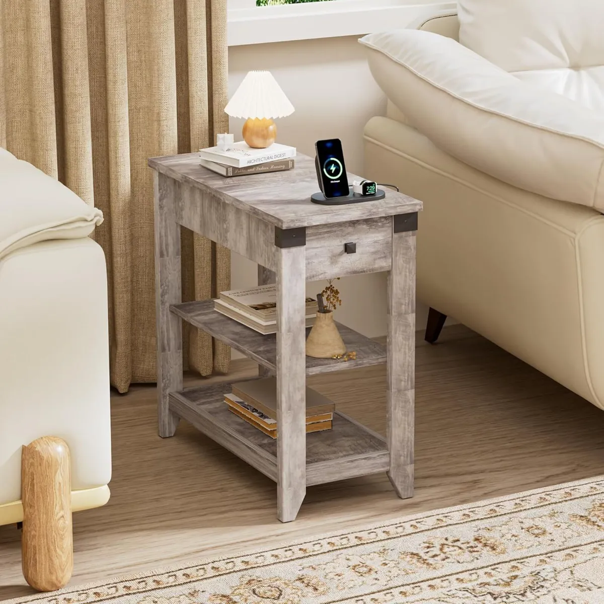 Slim Side Table with Charging Station 3-Tier - Image 1