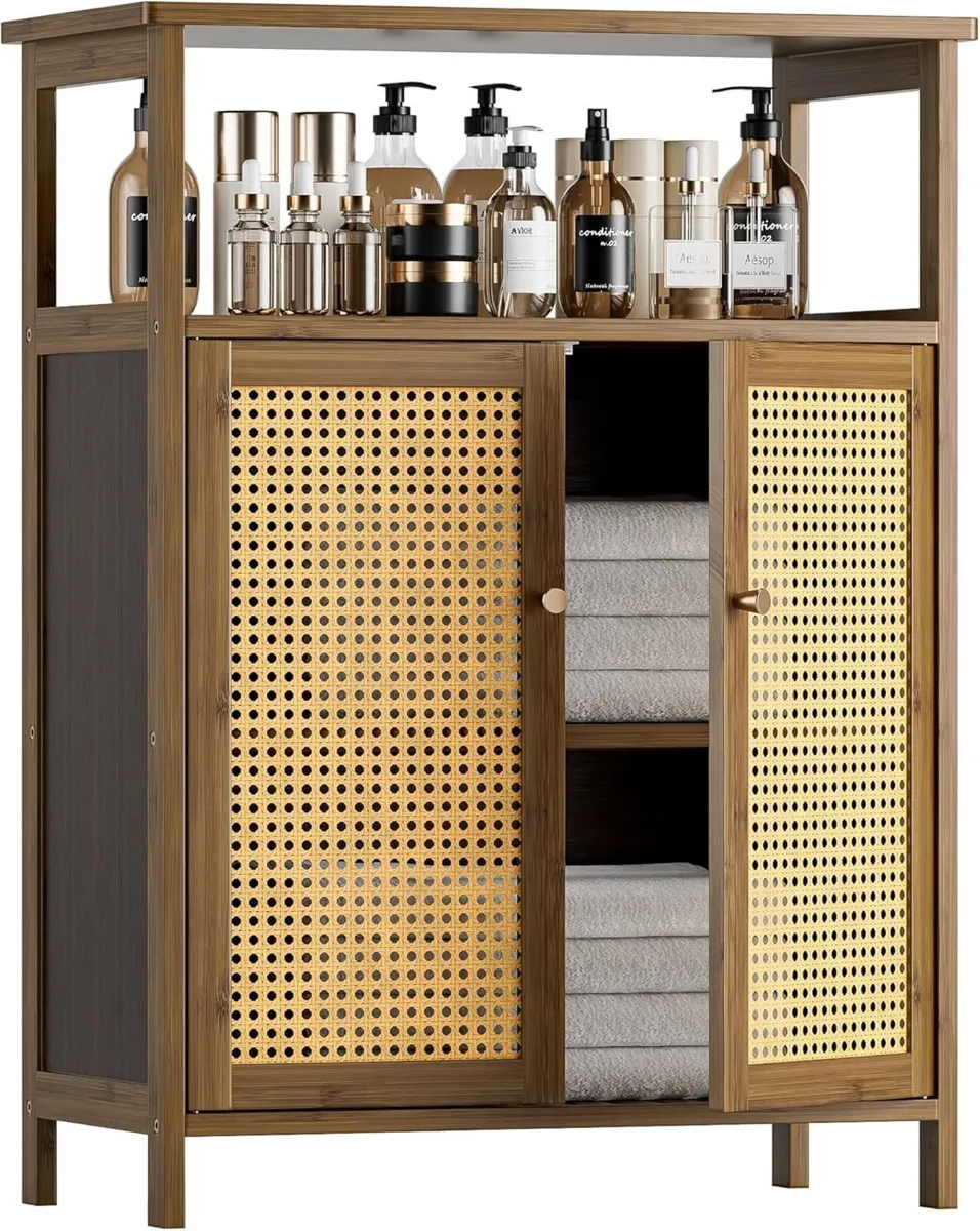 Rattan Bathroom Floor Cabinet Bamboo Storage - Image 1