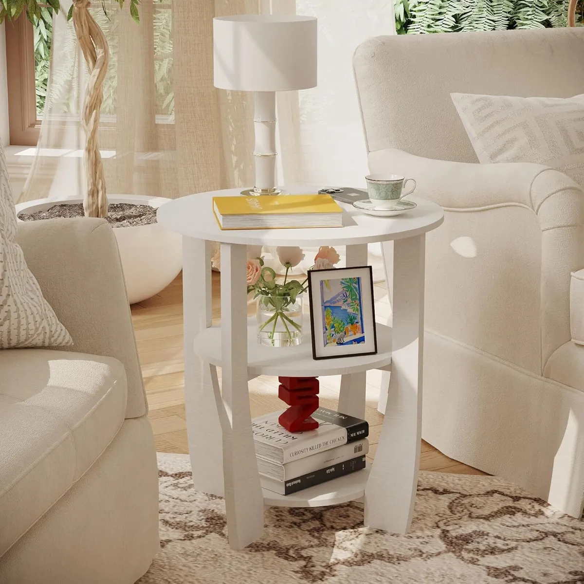 3 Tier Round Side Table Farmhouse Wood End Tables - Image 2