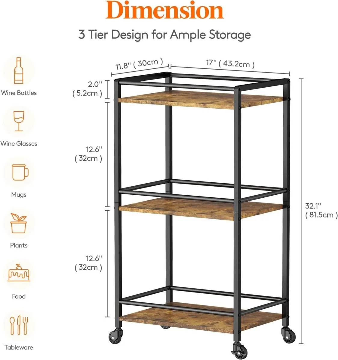 Drink Cart Rolling Bar Tea Serving Trolley on - Image 3