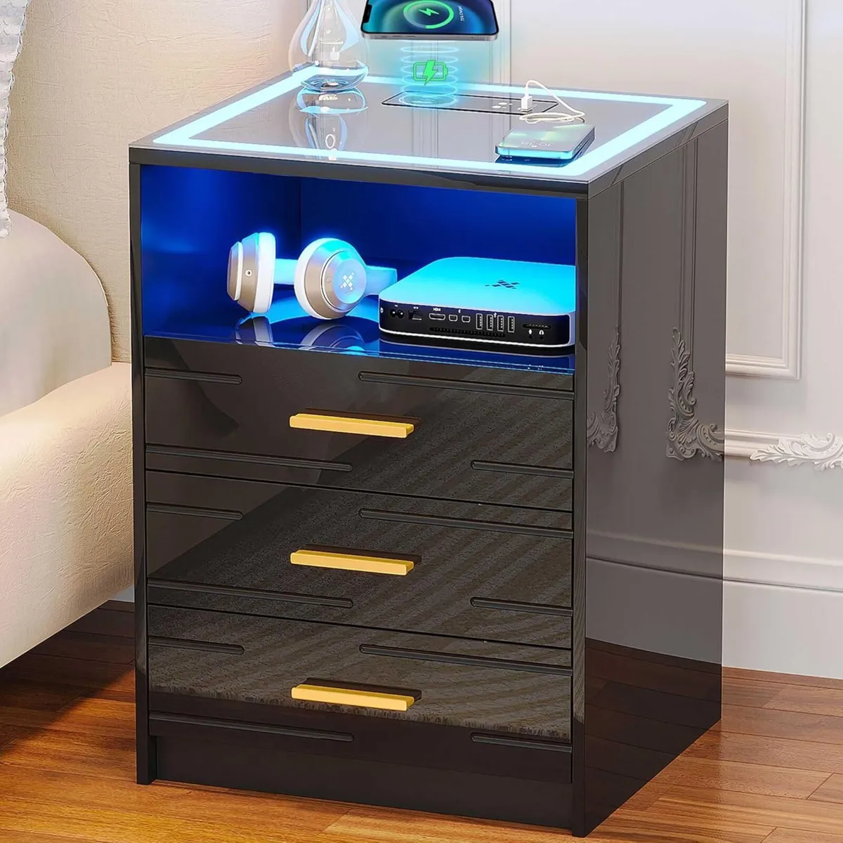 LED Black Bedside Table with Wireless Charging - Image 1